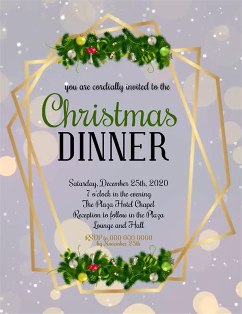 Christmas dinner invitation template with holly and berries