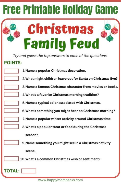 Christmas Family Feud Printable Game Answers