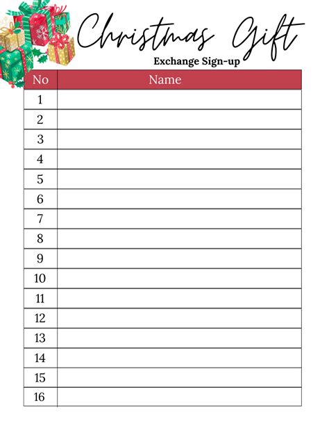 Christmas Gift Exchange Sign Up Sheet