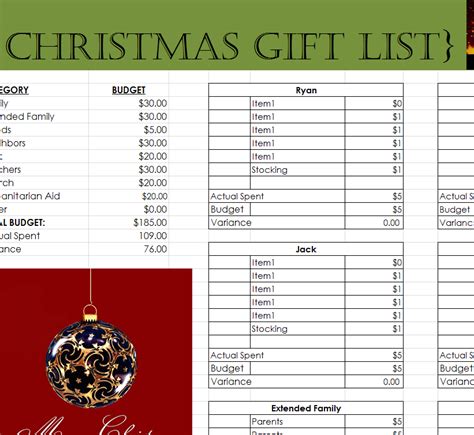 Christmas Gift List Excel Template