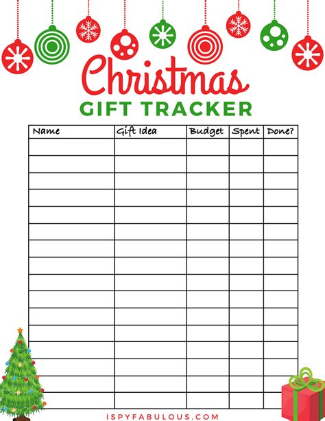 Christmas gift list tracker printable