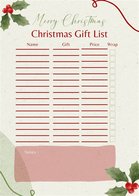 Christmas Gift List with Notes Template