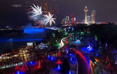 A festive Christmas season in Niagara Falls, featuring holiday lights and decorations