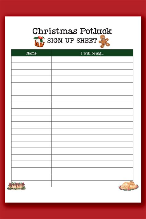 Christmas potluck sign-up sheet