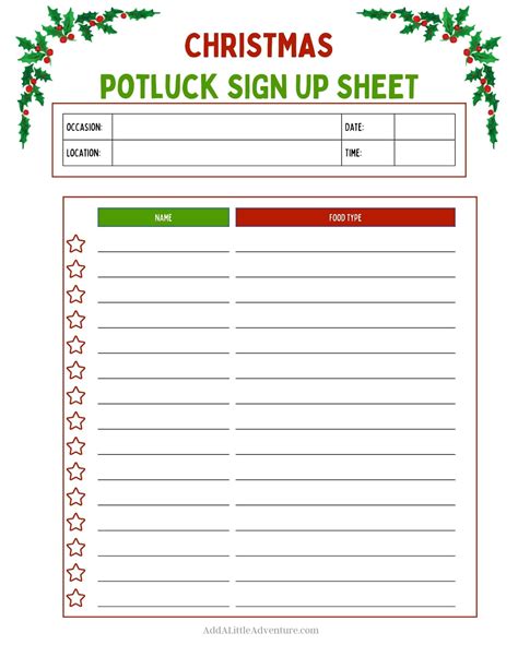 Christmas Potluck Sign Up Sheet Template Example