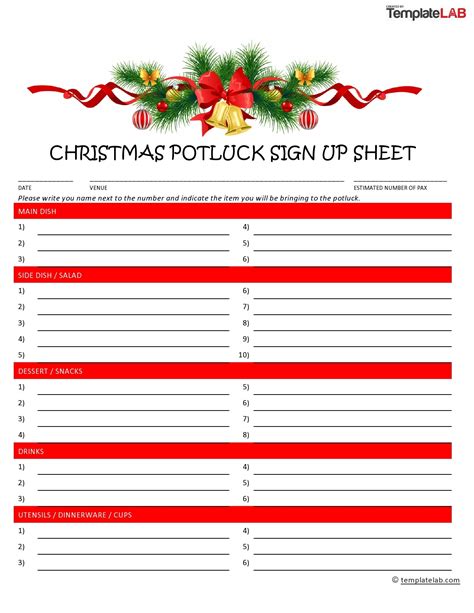 Christmas Potluck Sign Up Sheet Template Excel