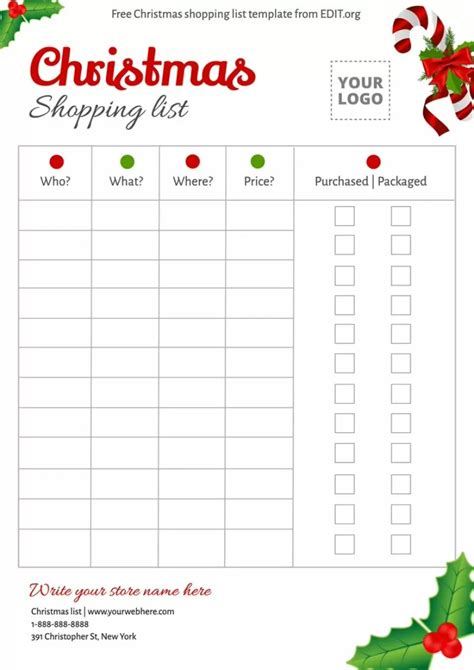 Christmas Shopping List Template Example