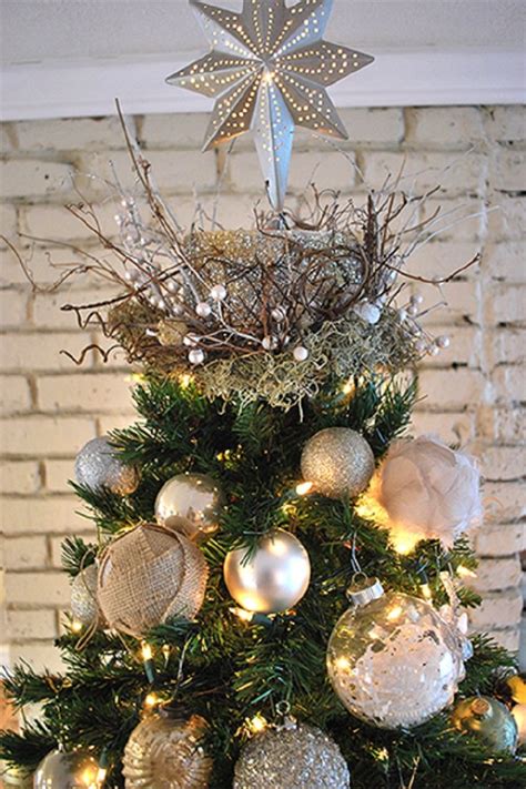 A collection of Christmas tree topping ideas, including star toppers, bows, and finials