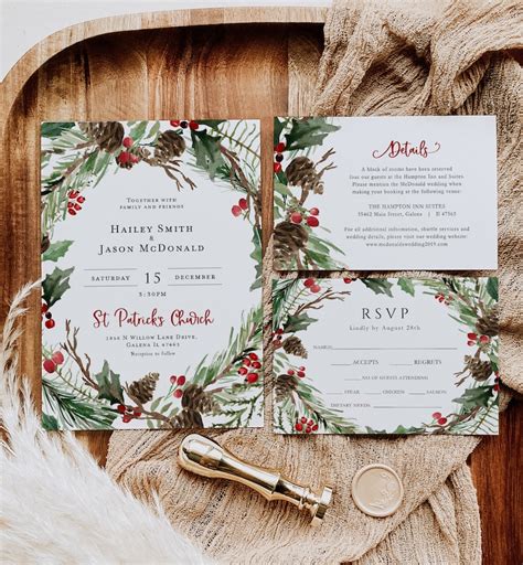 Christmas Wedding Invitations with Snowflakes and Bells