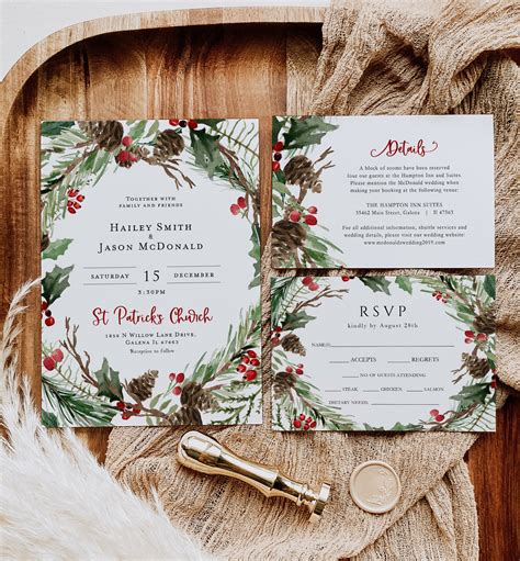 Christmas Wedding Invitations with Hand-Drawn Illustrations