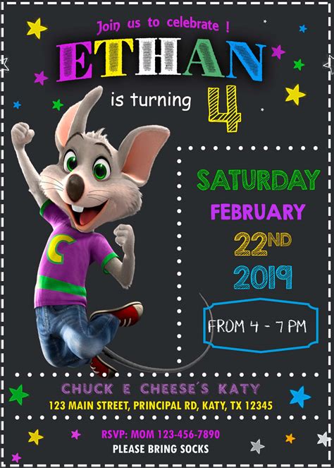 Chuck E. Cheese birthday invitations with a fun and playful design.