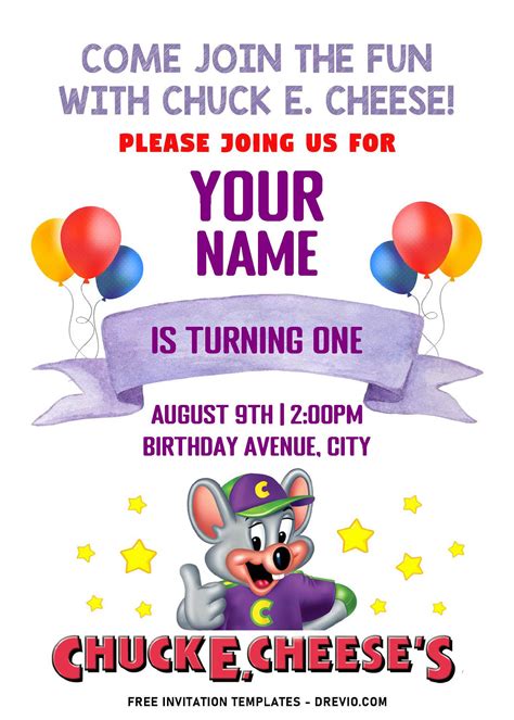 Chuck E. Cheese free invitations with a fun and colorful design.