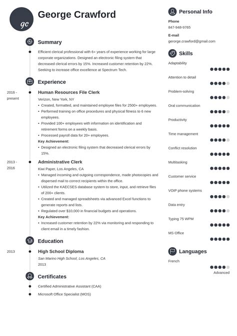 Classic clerical resume template