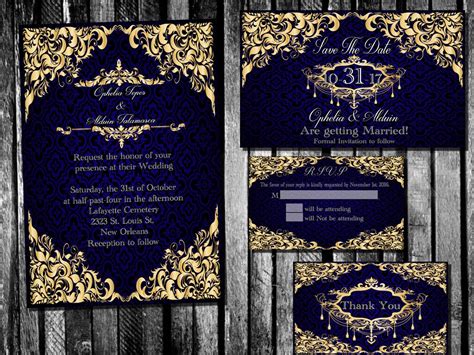 Classic Royal Blue and Gold Wedding Invitation