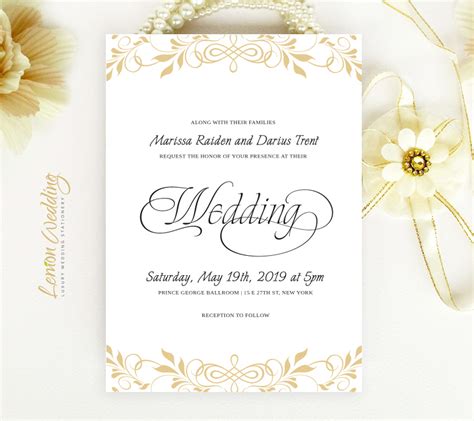 Classic wedding invitation with floral pattern and ribbon