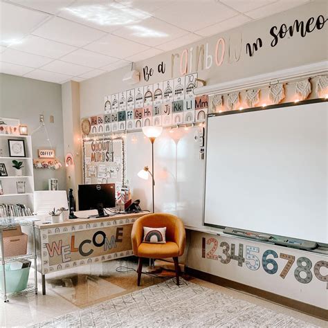 A well-designed classroom with a colorful bulletin board