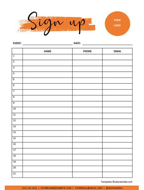 Classroom Sign-Up Sheet Template