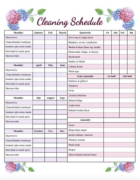 Cleaning schedule template example