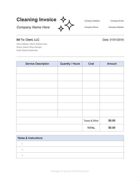 Cleaning Service Invoice Template Excel Layout