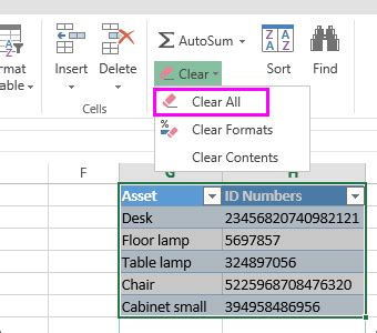 Clearing a table in Excel