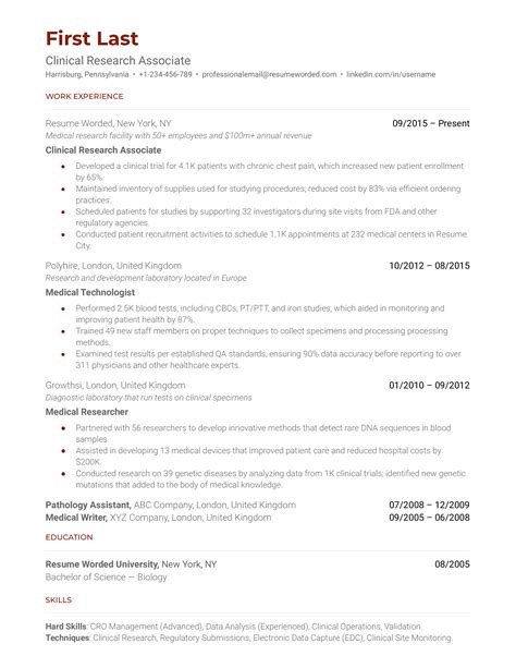 clinical research resume format example