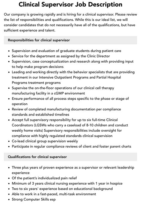 Clinical Supervisor Career