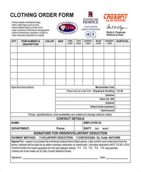 Clothing order form template sample