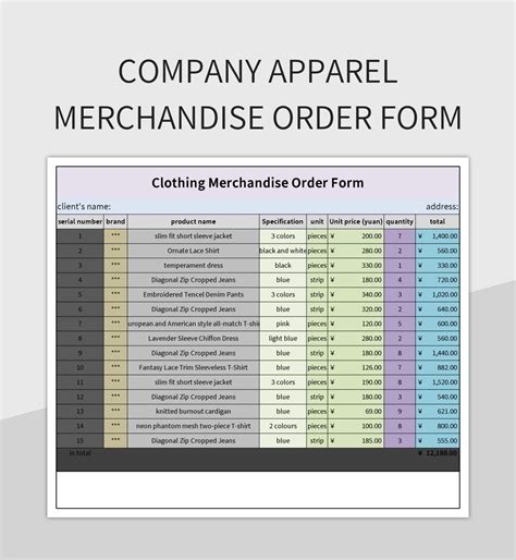 Clothing order form templates in Excel