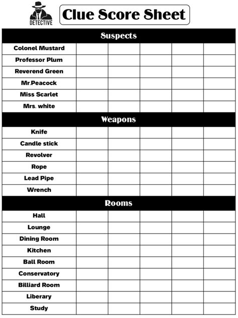 Clue Case File Score Sheet