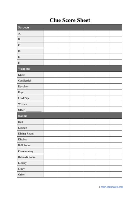 Clue Crime Scene Score Sheet