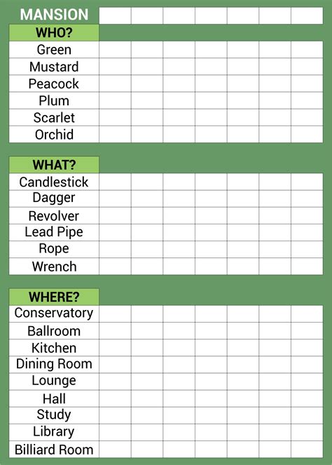 Clue Game Score Sheet