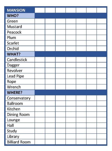 Clue Mystery Score Sheet