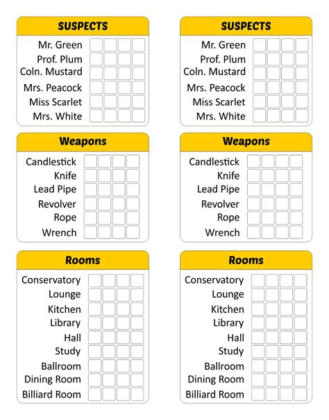 Clue Printable Sheets for Adults