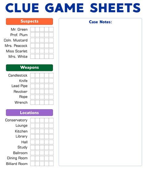 Clue Printable Sheets for Beginners