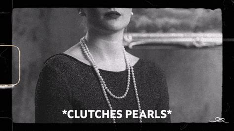 A GIF of a woman clutching her pearls in shock