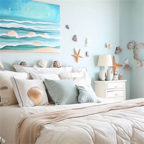 A coastal-inspired bedroom featuring natural textiles and ocean-inspired wall art.