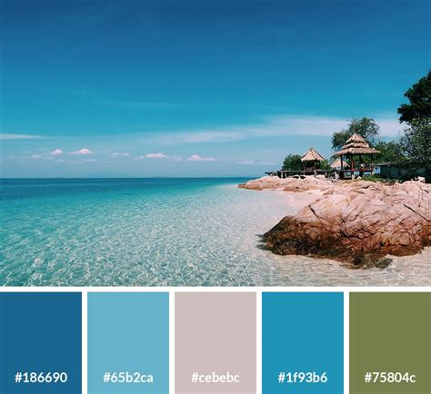 A soothing coastal-inspired color palette featuring shades of blue, green, and sandy beige.