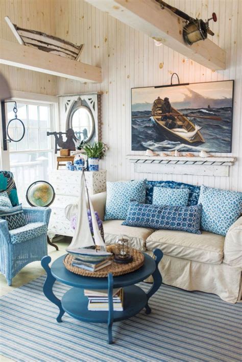 A coastal-inspired living room featuring a soothing color palette and ocean-inspired accents.