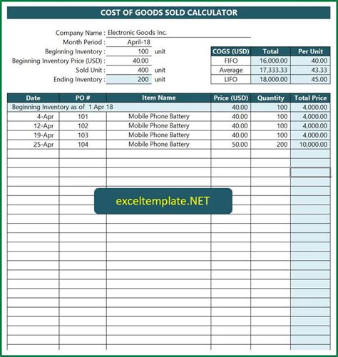 COGS Template Excel