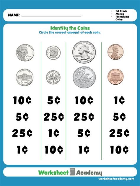 Coin worksheets for grade 1