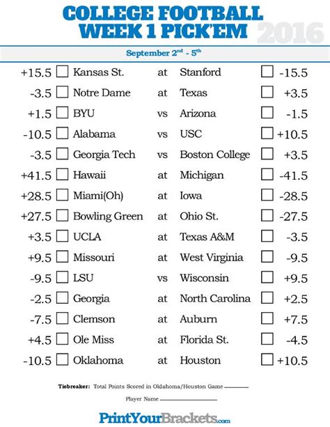 College Football Bowl Pick'em Printable Sheet Options