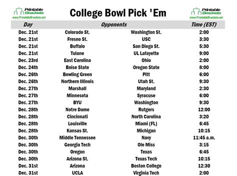 College Football Bowl Pick'em Printable Sheets