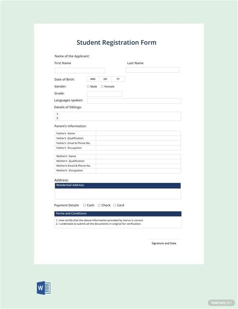 College Student Registration Form Template