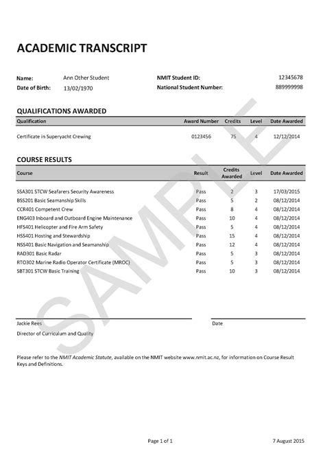 College transcript template example