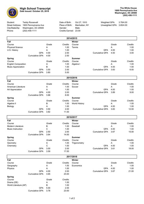 College transcript template example 1