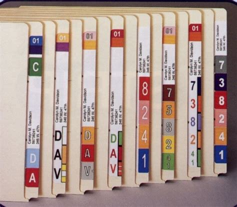 Color-coded folder labels on a desk