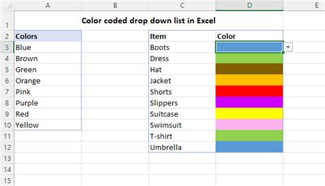 Excel Data Validation for Color Drop Down List