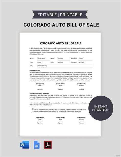 Colorado Bill of Sale Template Download