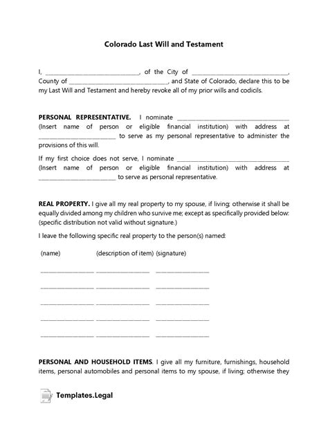 Colorado Last Will and Testament Template Download