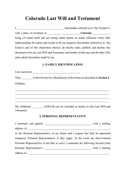 Colorado Last Will and Testament Template